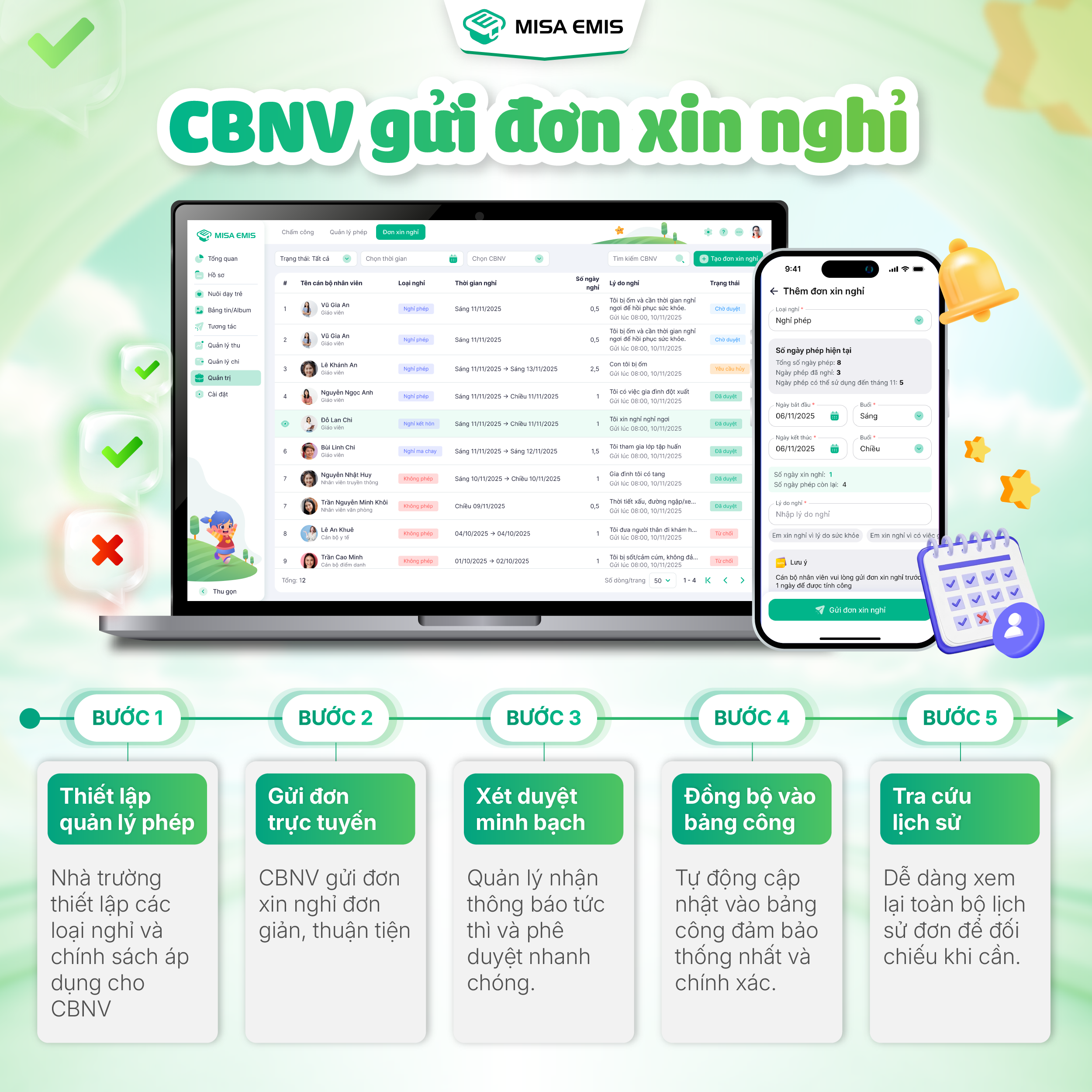 MISA EMIS chính thức cập nhật tính năng CBNV gửi đơn xin nghỉ trực tuyến, giúp quy trình quản lý phép trở nên nhanh chóng – minh bạch – đồng bộ hơn bao giờ hết. Cán bộ nhân viên (CBNV) có thể tạo đơn ngay trên hệ thống, quản lý xét duyệt rõ ràng và dữ liệu được tự động cập nhật để đảm bảo thống nhất.