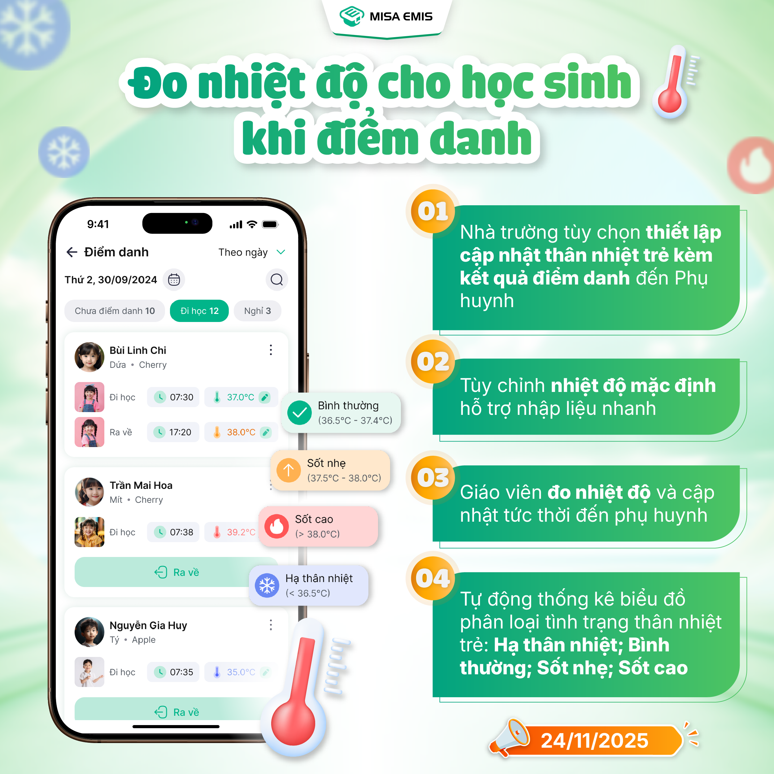 MISA EMIS phần mềm quản lý trường mầm non giới thiệu tính năng đo nhiệt độ khi điểm danh