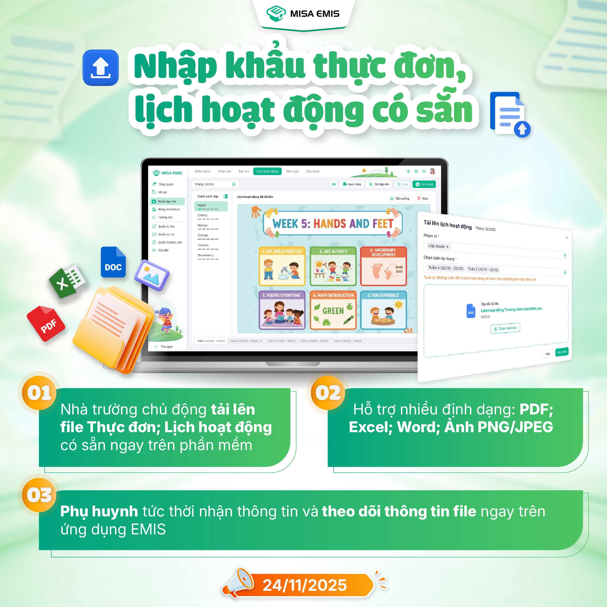 MISA EMIS phần mềm quản lý mầm non cập nhật tính năng nhập khẩu thực đơn và lịch hoạt động có sẵn