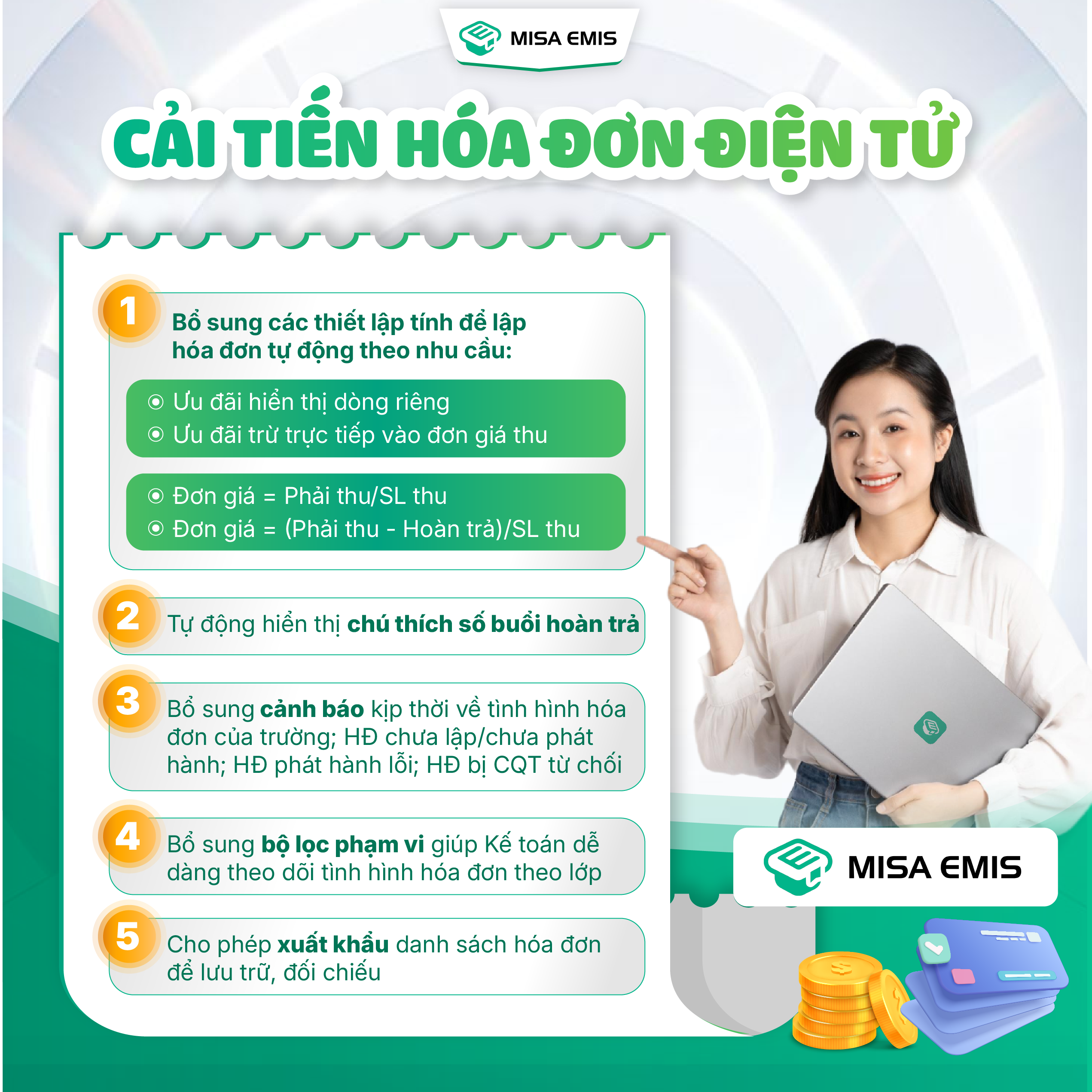 MISA EMIS chính thức cải tiến tính năng Hóa đơn điện tử, giúp công tác kế toán trường học trở nên linh hoạt – chính xác – dễ kiểm soát trong mọi tình huống.