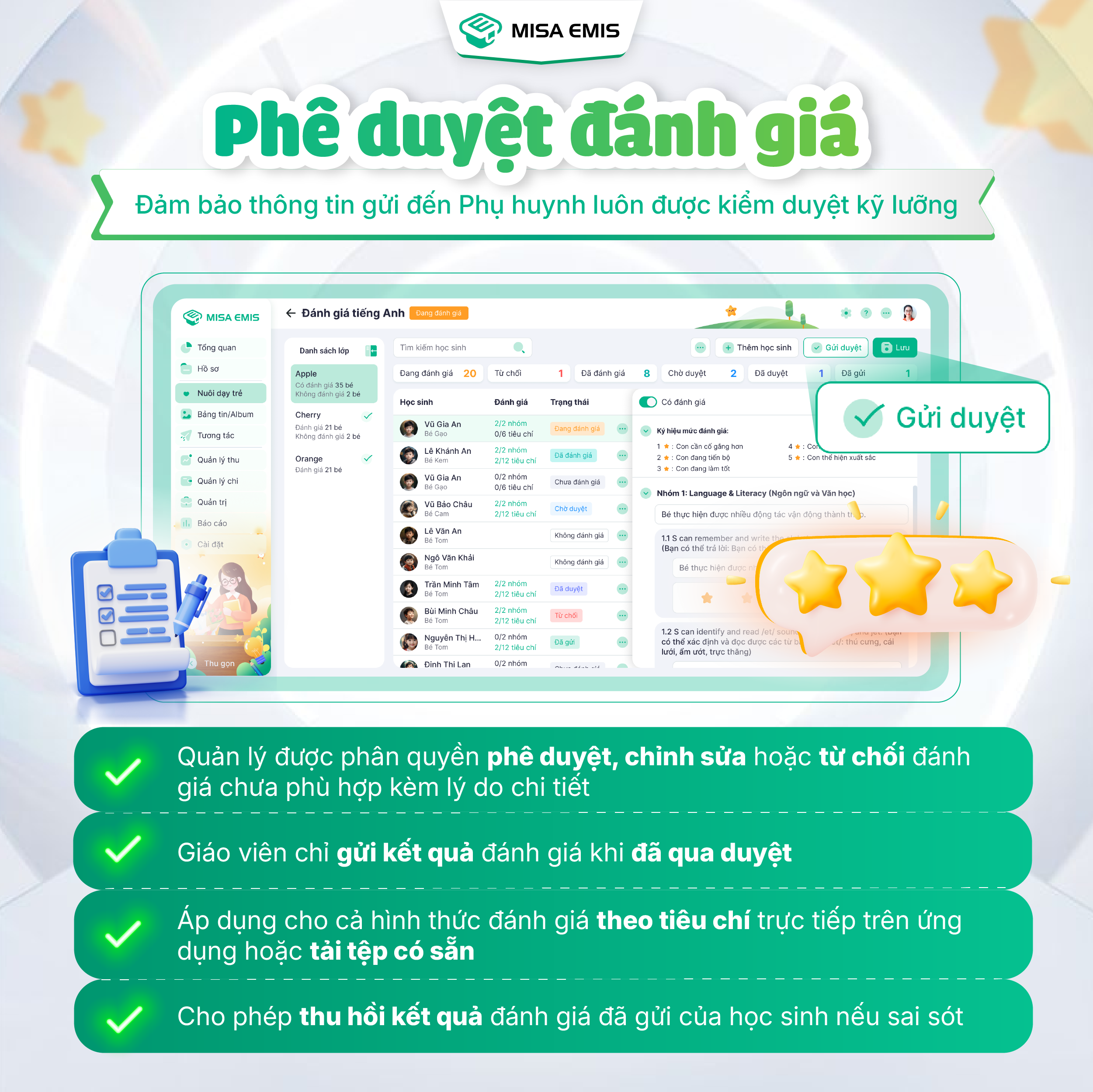 MISA EMIS chính thức cập nhật tính năng Phê duyệt đánh giá, giúp kiểm duyệt nội dung đánh giá trước khi gửi đến phụ huynh, đảm bảo thông tin luôn chính xác – nhất quán – được rà soát kỹ lưỡng và nâng cao tính chuyên nghiệp trong quy trình quản lý 💚