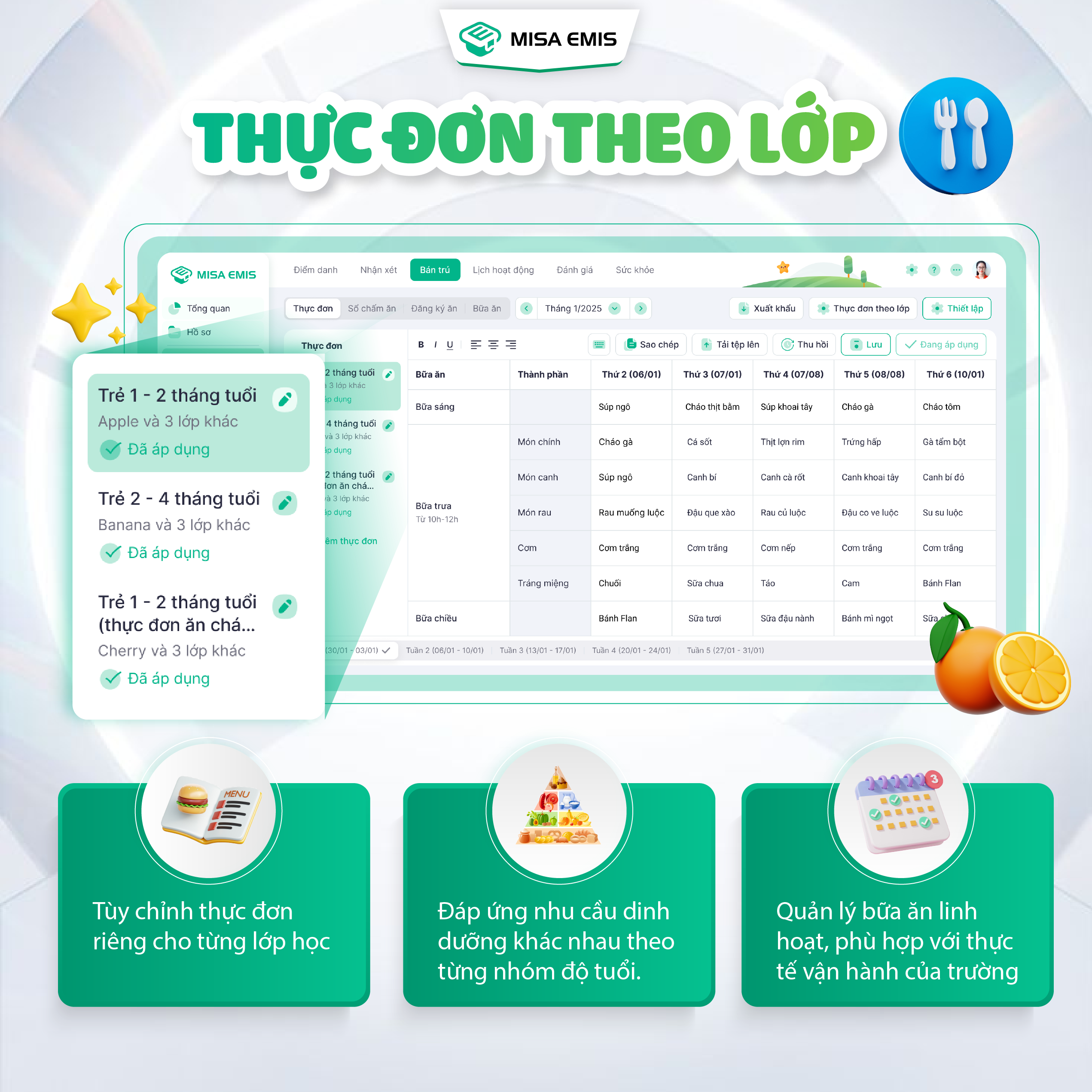 MISA EMIS chính thức cập nhật tính năng Thực đơn theo lớp, giúp xây dựng và quản lý thực đơn linh hoạt – khoa học – phù hợp từng nhóm độ tuổi. Với tính năng mới, nhà trường dễ dàng thiết lập thực đơn riêng cho từng lớp, đảm bảo dinh dưỡng theo giai đoạn phát triển và minh bạch thông tin đến phụ huynh.